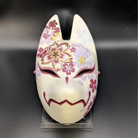 Chiyozakura Cherry Blossom Fox Mask - Premium Habutae-bari Kitsune Mask by Komendo — handmade habutae-bari kitsune (fox) mask by Komendo | KAMENYA OMOTE