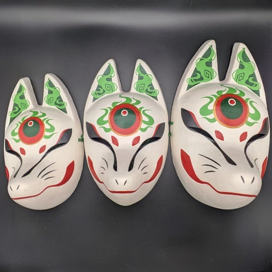 Handmade Japanese kitsune fox masks by Komendo, shown in three sizes | KAMENYA OMOTE