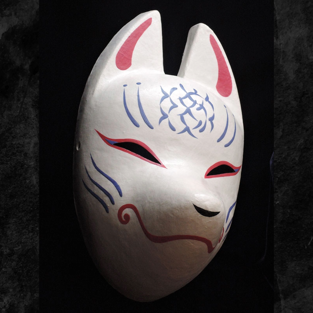 Hitai Higanbana Fox Mask — handmade habutae-bari kitsune (fox) mask by Komendo | KAMENYA OMOTE