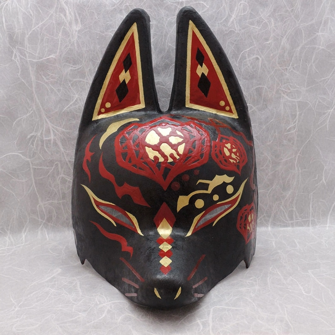 Hoozuki Half-Fox Mask — handmade habutae-bari kitsune (fox) mask by Komendo | KAMENYA OMOTE
