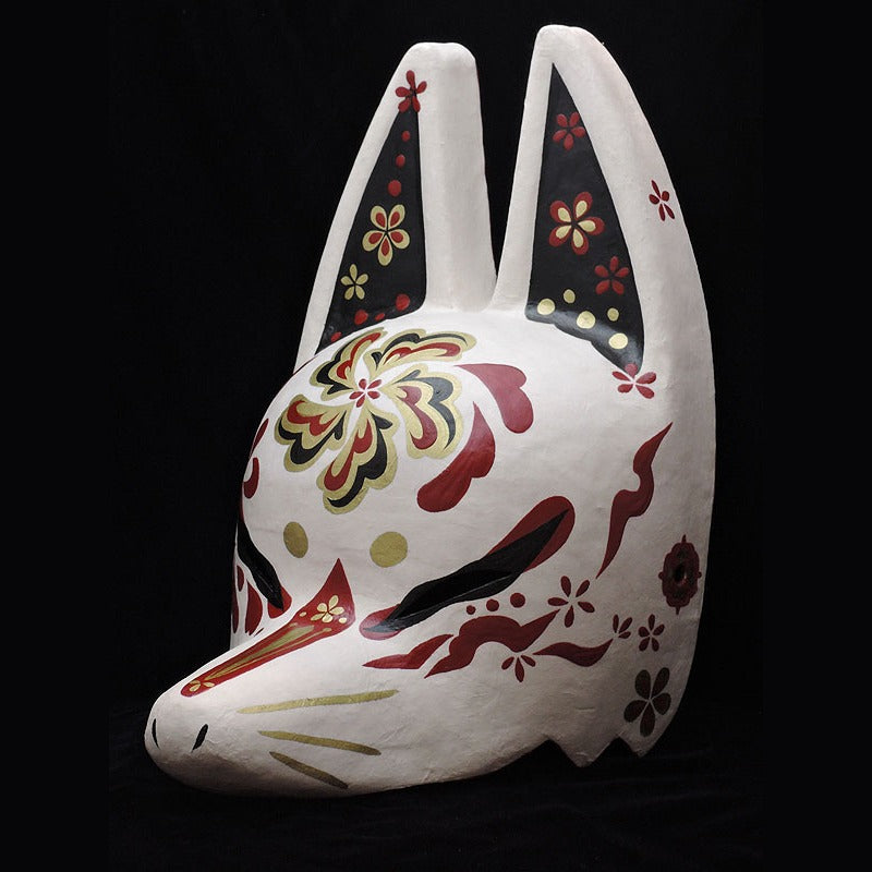 Shuka Half-Fox Mask — handmade habutae-bari kitsune (fox) mask by Komendo | KAMENYA OMOTE