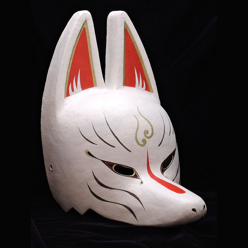 Kon Soul Half-Fox Mask — handmade habutae-bari kitsune (fox) mask by Komendo | KAMENYA OMOTE