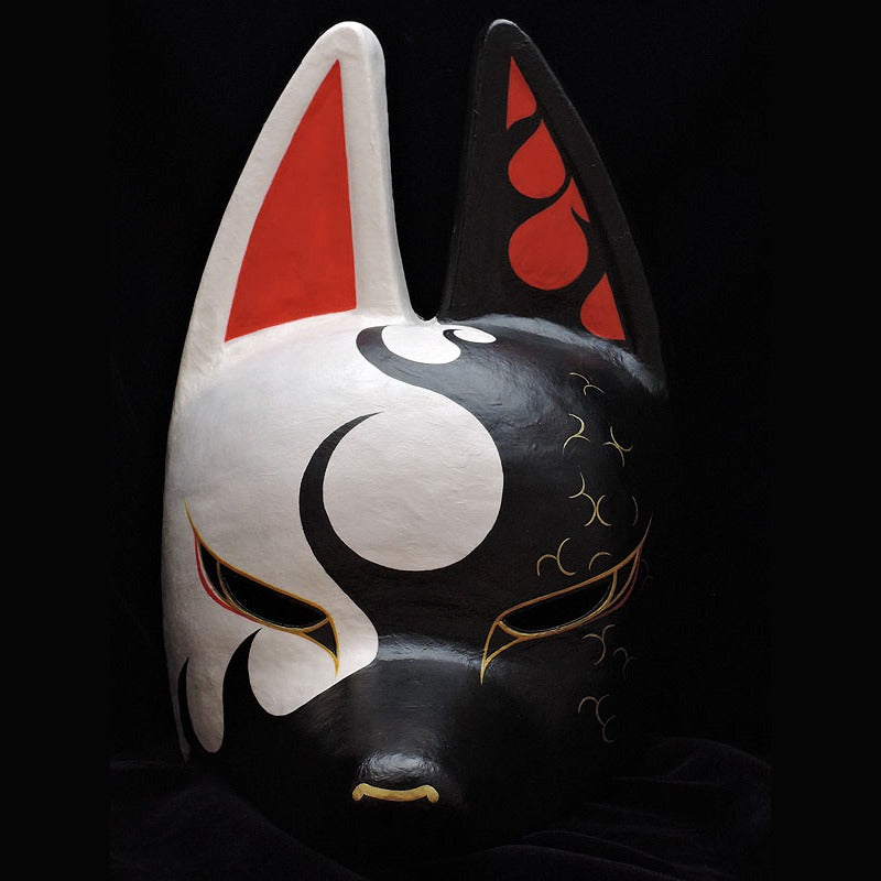 Kagerou Half-Fox Mask — handmade habutae-bari kitsune (fox) mask by Komendo | KAMENYA OMOTE