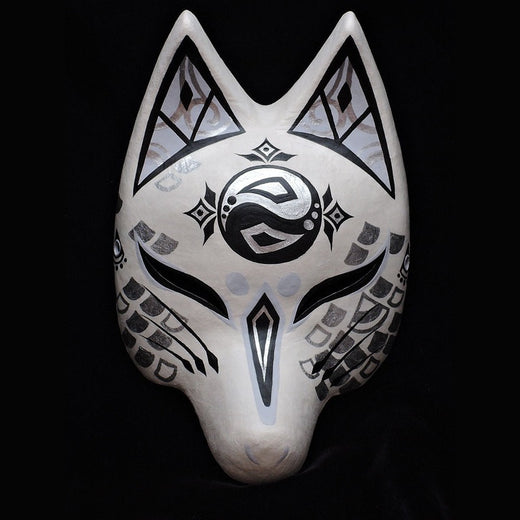 Ryujin Half-Fox Mask — handmade habutae-bari kitsune (fox) mask by Komendo | KAMENYA OMOTE