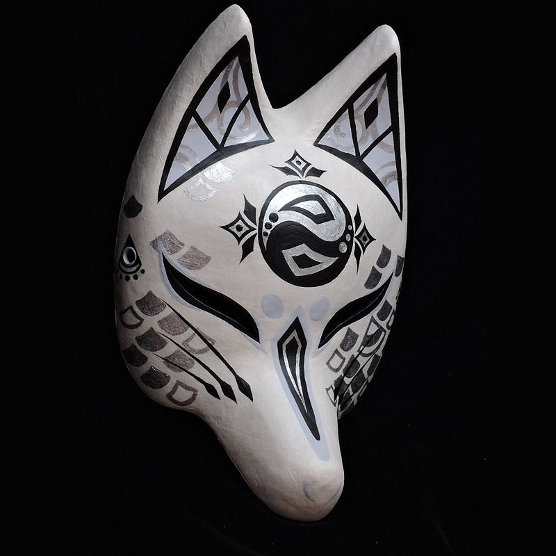 Ryujin Half-Fox Mask — handmade habutae-bari kitsune (fox) mask by Komendo | KAMENYA OMOTE