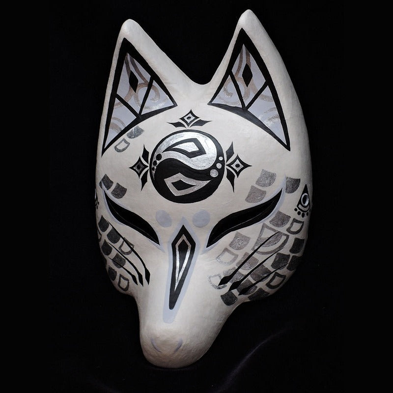 Ryujin Half-Fox Mask — handmade habutae-bari kitsune (fox) mask by Komendo | KAMENYA OMOTE