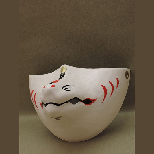 Shirogane Silver Fox Chin Mask — handmade habutae-bari kitsune (fox) mask by Komendo | KAMENYA OMOTE