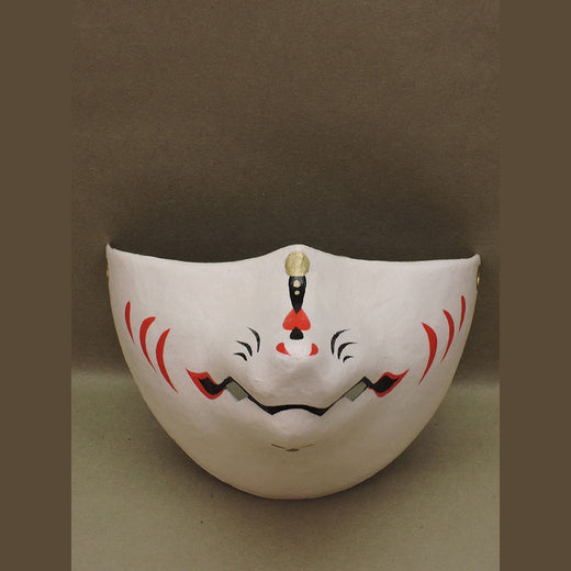 Shirogane Silver Fox Chin Mask — handmade habutae-bari kitsune (fox) mask by Komendo | KAMENYA OMOTE