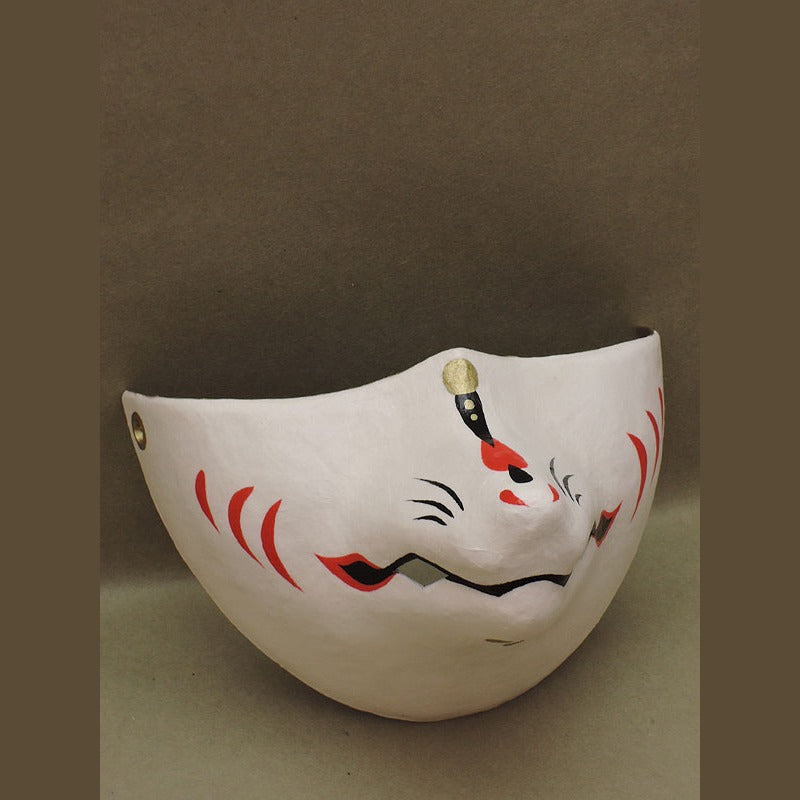 Shirogane Silver Fox Chin Mask — handmade habutae-bari kitsune (fox) mask by Komendo | KAMENYA OMOTE