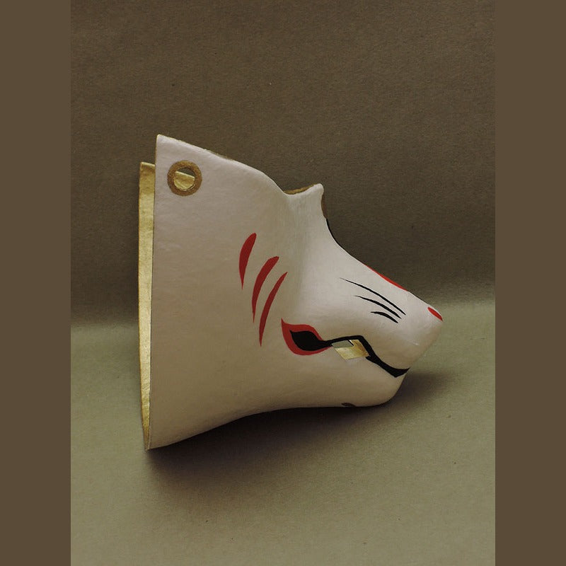 Shirogane Silver Fox Chin Mask — handmade habutae-bari kitsune (fox) mask by Komendo | KAMENYA OMOTE