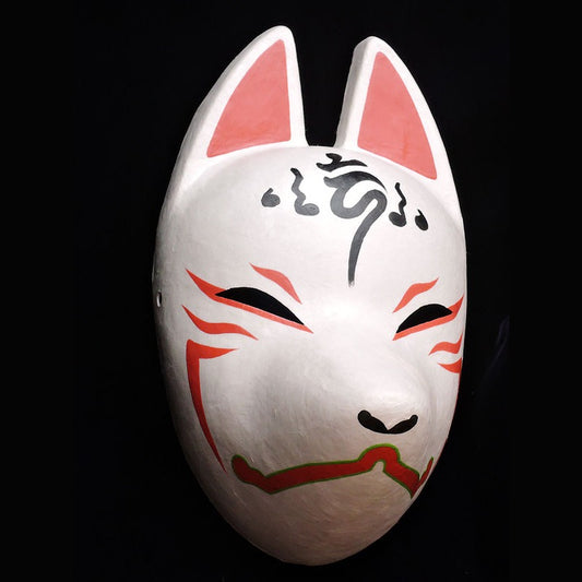 Aya Vermilion Fox Mask — handmade habutae-bari kitsune (fox) mask by Komendo | KAMENYA OMOTE