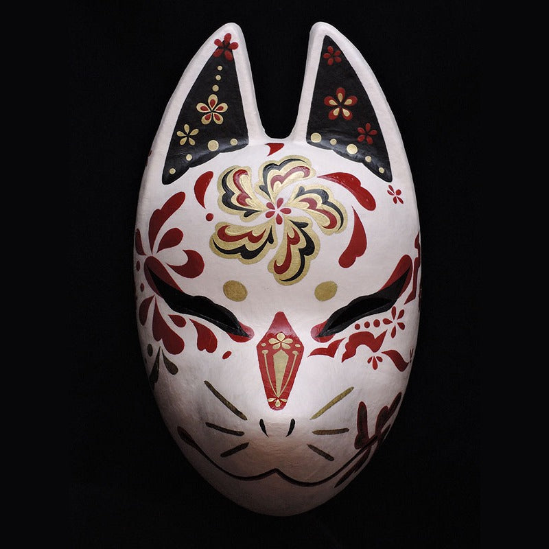 Shuka Red Flower Fox Mask — handmade habutae-bari kitsune (fox) mask by Komendo | KAMENYA OMOTE