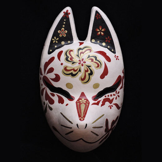 Shuka Red Flower Fox Mask — handmade habutae-bari kitsune (fox) mask by Komendo | KAMENYA OMOTE