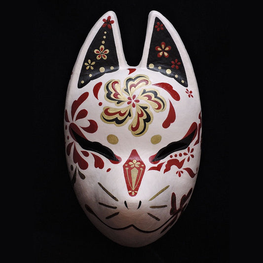 Shuka Red Flower Fox Mask — handmade habutae-bari kitsune (fox) mask by Komendo | KAMENYA OMOTE