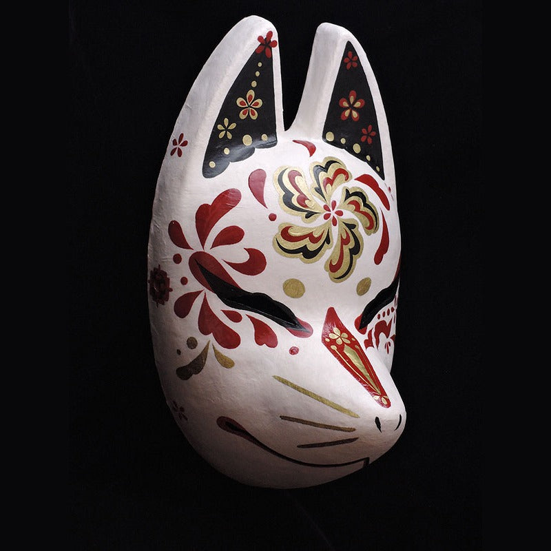 Shuka Red Flower Fox Mask — handmade habutae-bari kitsune (fox) mask by Komendo | KAMENYA OMOTE