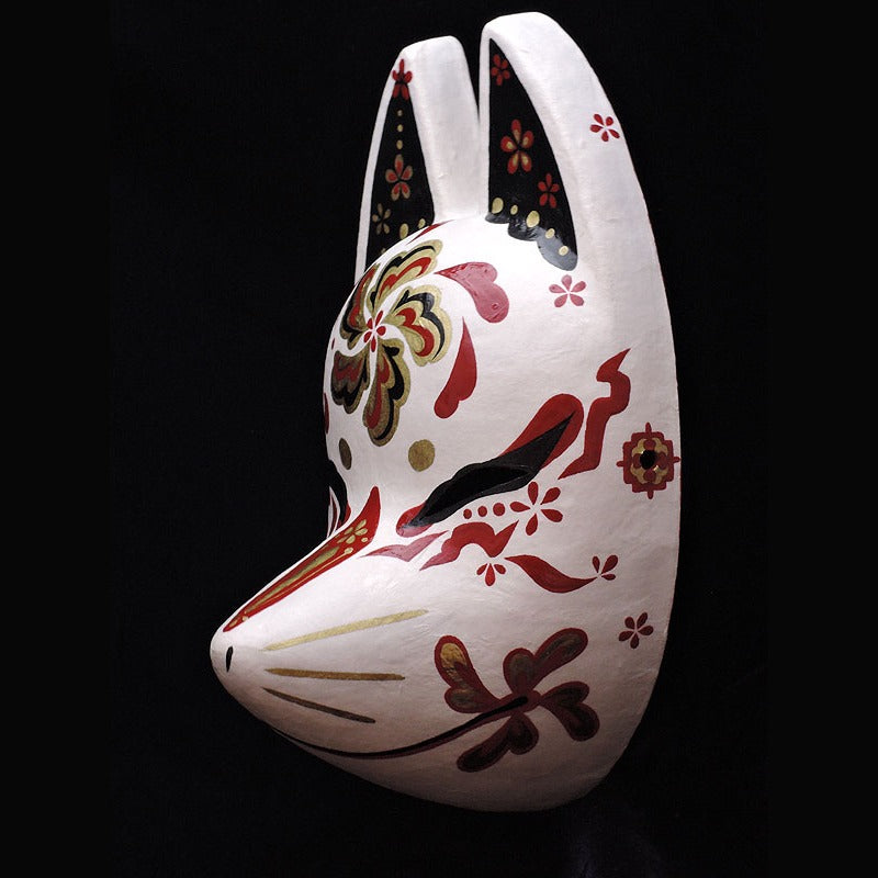 Shuka Red Flower Fox Mask — handmade habutae-bari kitsune (fox) mask by Komendo | KAMENYA OMOTE