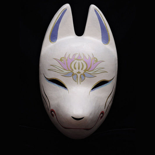 Keshi Poppy Fox Mask — handmade habutae-bari kitsune (fox) mask by Komendo | KAMENYA OMOTE