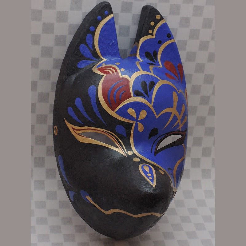 Kago Guardian Fox Mask — handmade habutae-bari kitsune (fox) mask by Komendo | KAMENYA OMOTE