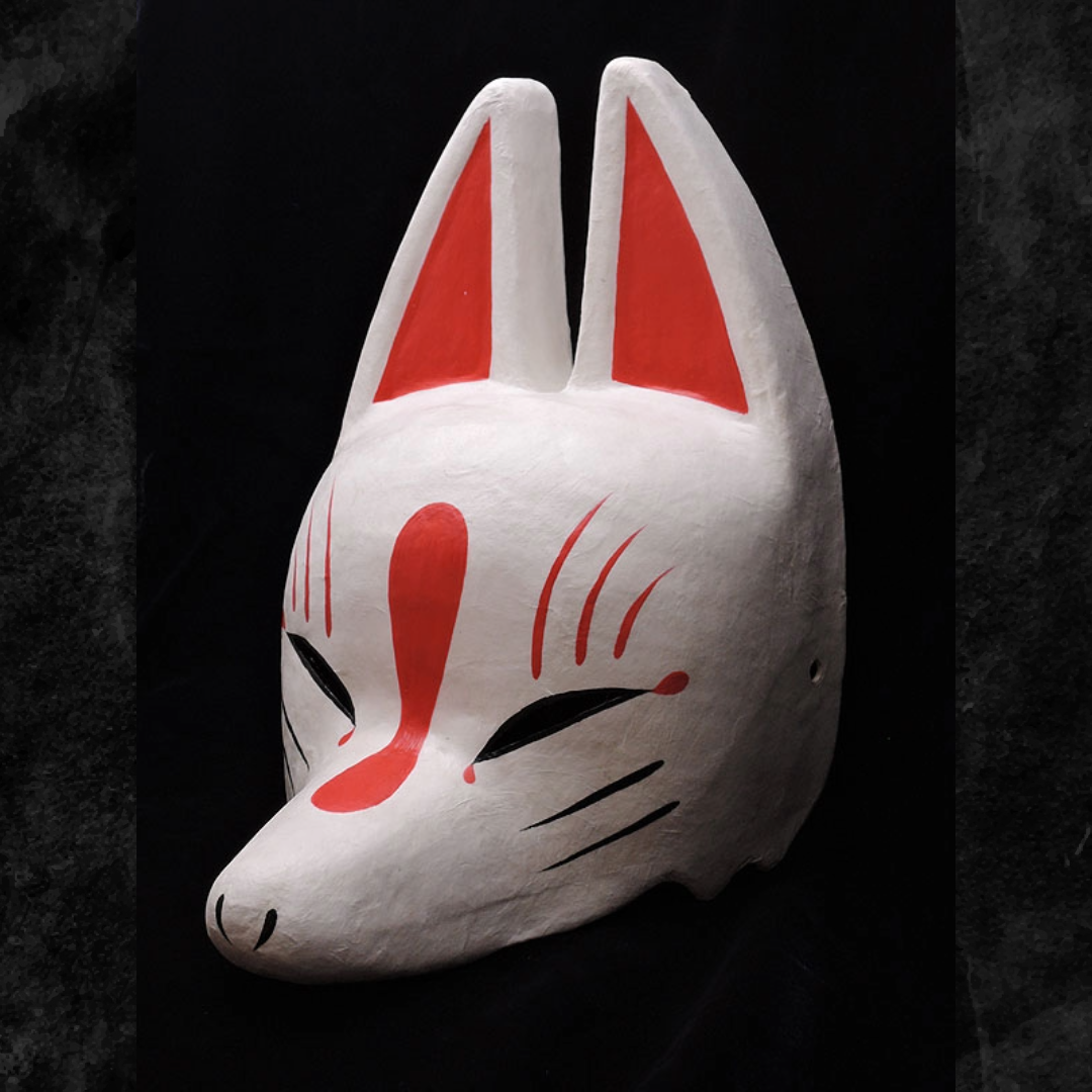 Shiro White Half-Fox Mask — handmade habutae-bari kitsune (fox) mask by Komendo | KAMENYA OMOTE