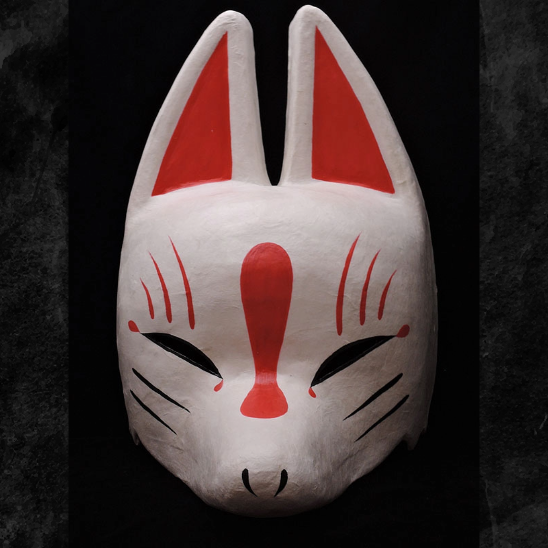Shiro White Half-Fox Mask — handmade habutae-bari kitsune (fox) mask by Komendo | KAMENYA OMOTE