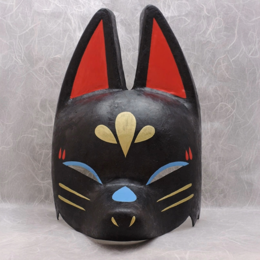 Kuro Black Half-Fox Mask — handmade habutae-bari kitsune (fox) mask by Komendo | KAMENYA OMOTE