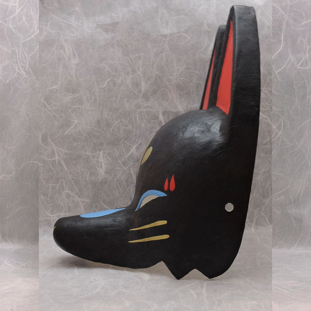 Kuro Black Half-Fox Mask — handmade habutae-bari kitsune (fox) mask by Komendo | KAMENYA OMOTE