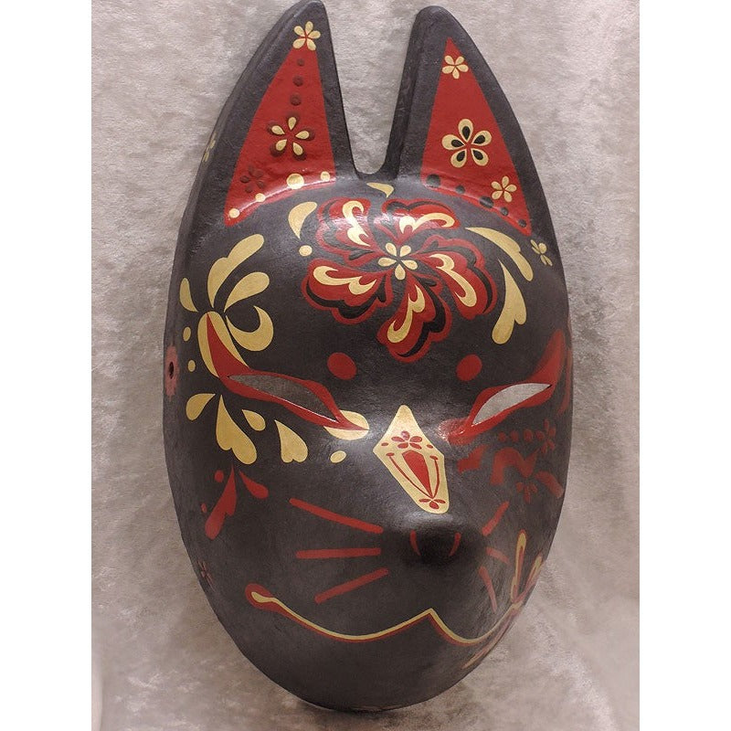 Shuka Kuro Black Flower Fox Mask - Habutae-bari Kitsune Mask by Komendo — handmade habutae-bari kitsune (fox) mask by Komendo | KAMENYA OMOTE