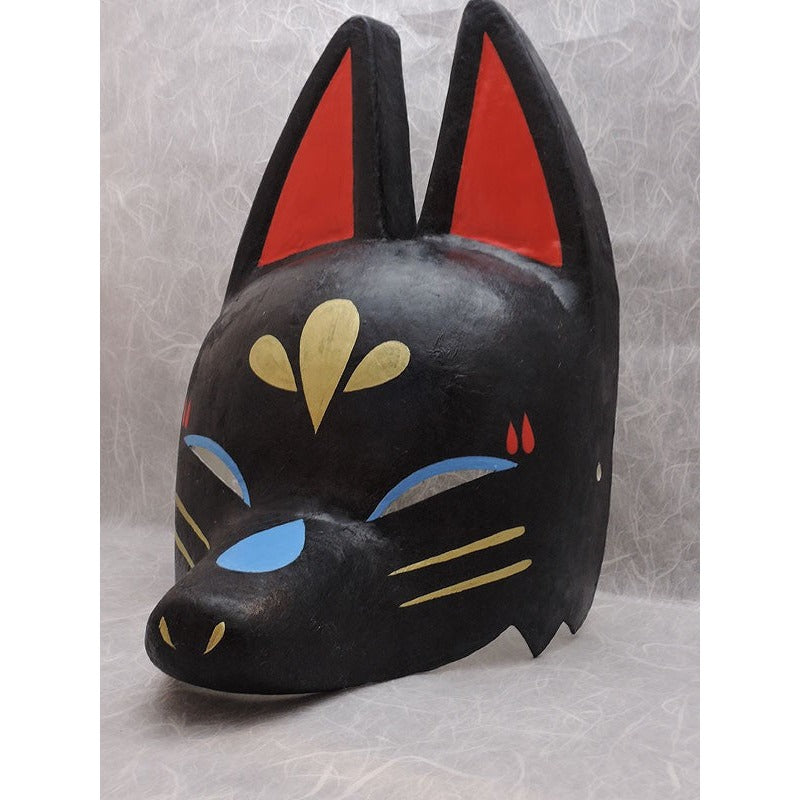 Kuro Black Half-Fox Mask - Habutae-bari Kitsune Mask by Komendo — handmade habutae-bari kitsune (fox) mask by Komendo | KAMENYA OMOTE