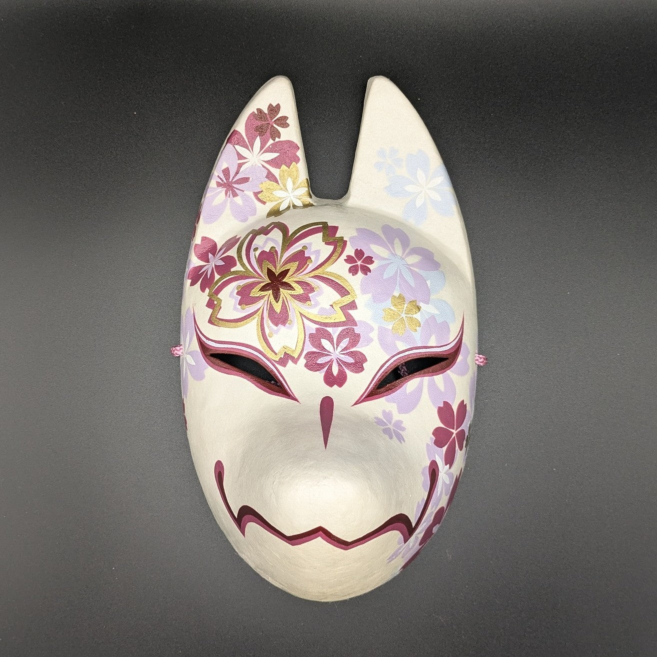 Chiyozakura Cherry Blossom Fox Mask - Premium Habutae-bari Kitsune Mask by Komendo — handmade habutae-bari kitsune (fox) mask by Komendo | KAMENYA OMOTE