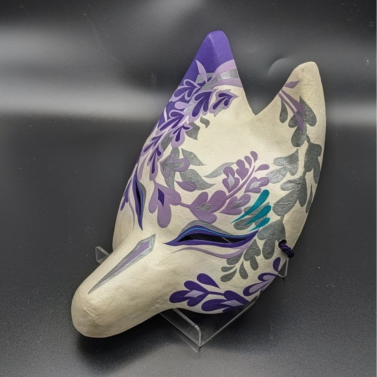 Fujishigure Half-Fox Mask - Habutae-bari Wisteria Kitsune Mask by Komendo — handmade habutae-bari kitsune (fox) mask by Komendo | KAMENYA OMOTE