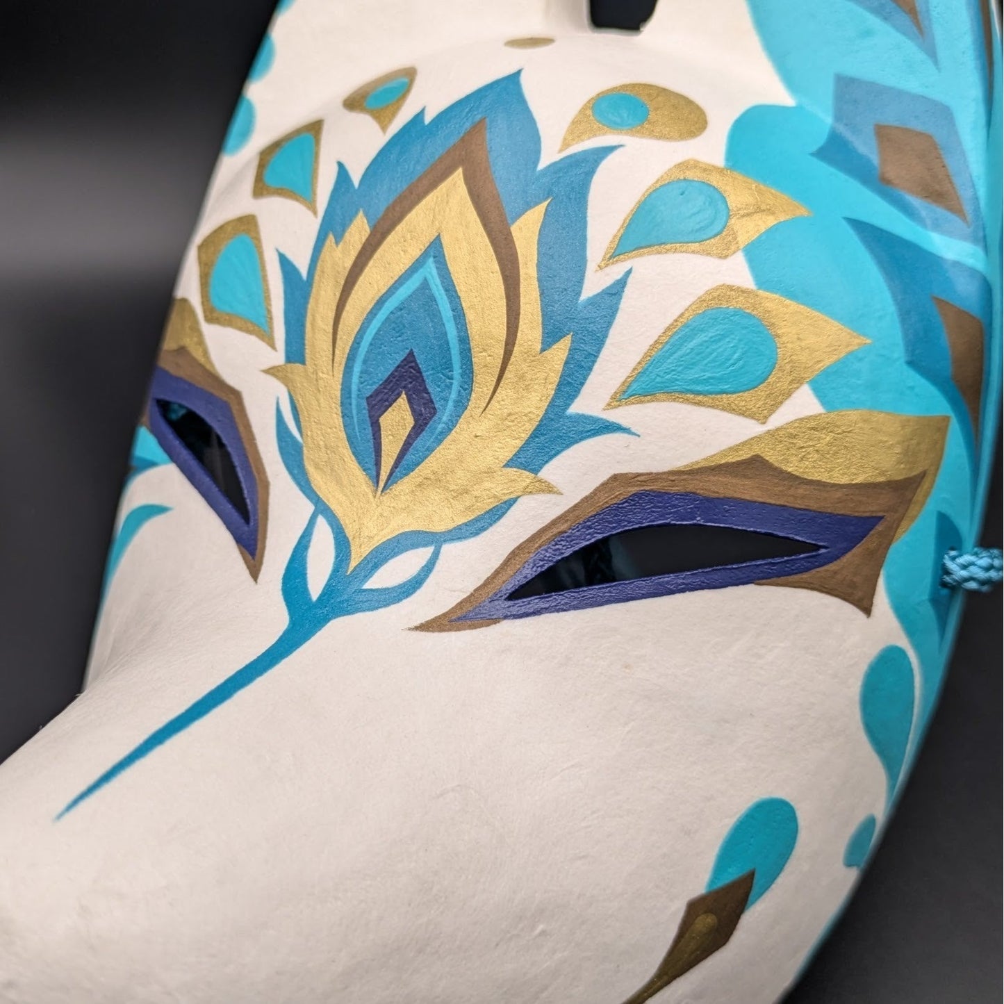 Ao Kujaku Peacock Fox Mask - Premium Habutae-bari Kitsune Mask by Komendo — handmade habutae-bari kitsune (fox) mask by Komendo | KAMENYA OMOTE