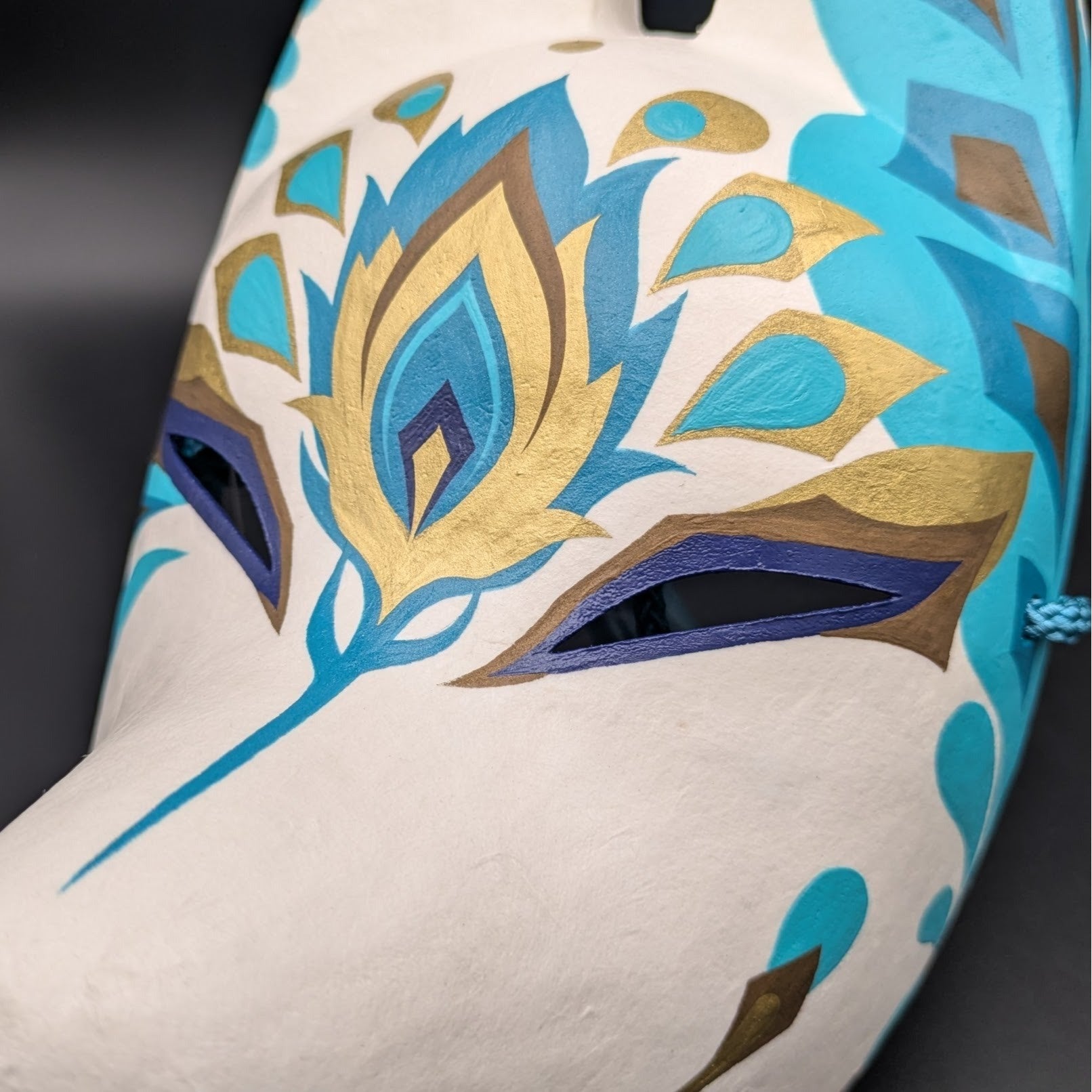 Ao Kujaku Peacock Fox Mask - Premium Habutae-bari Kitsune Mask by Komendo — handmade habutae-bari kitsune (fox) mask by Komendo | KAMENYA OMOTE