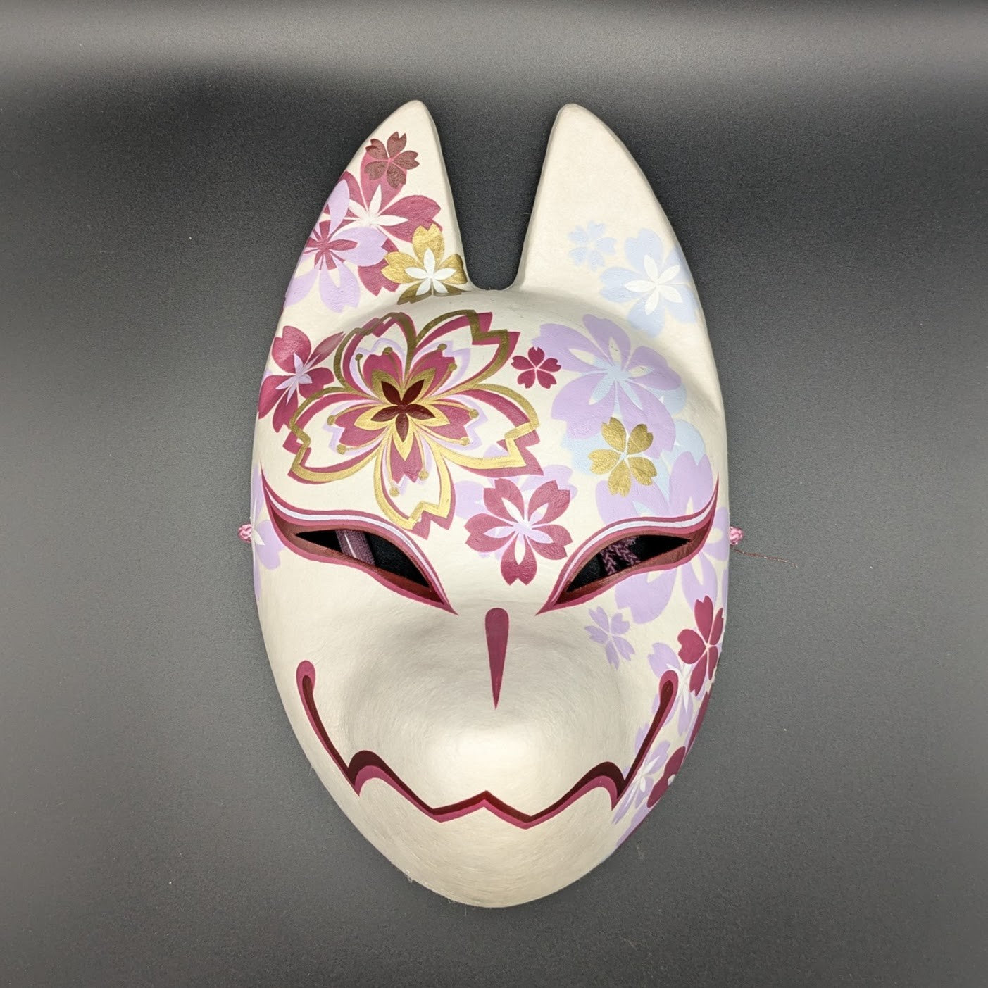 Chiyozakura Cherry Blossom Fox Mask - Premium Habutae-bari Kitsune Mask by Komendo — handmade habutae-bari kitsune (fox) mask by Komendo | KAMENYA OMOTE