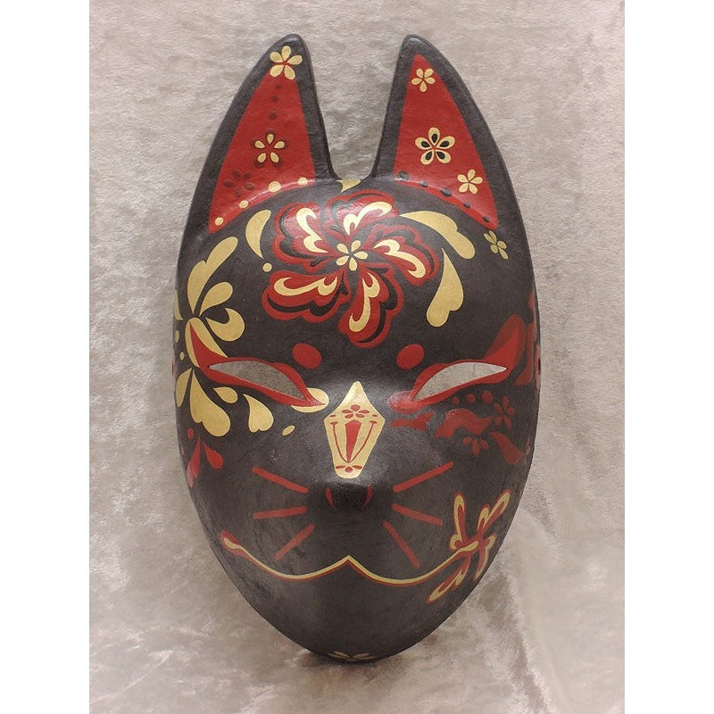 Shuka Kuro Black Flower Fox Mask - Habutae-bari Kitsune Mask by Komendo — handmade habutae-bari kitsune (fox) mask by Komendo | KAMENYA OMOTE
