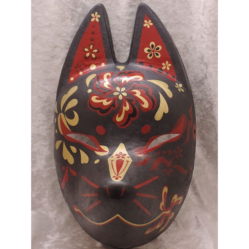 Shuka Kuro Black Flower Fox Mask - Habutae-bari Kitsune Mask by Komendo — handmade habutae-bari kitsune (fox) mask by Komendo | KAMENYA OMOTE