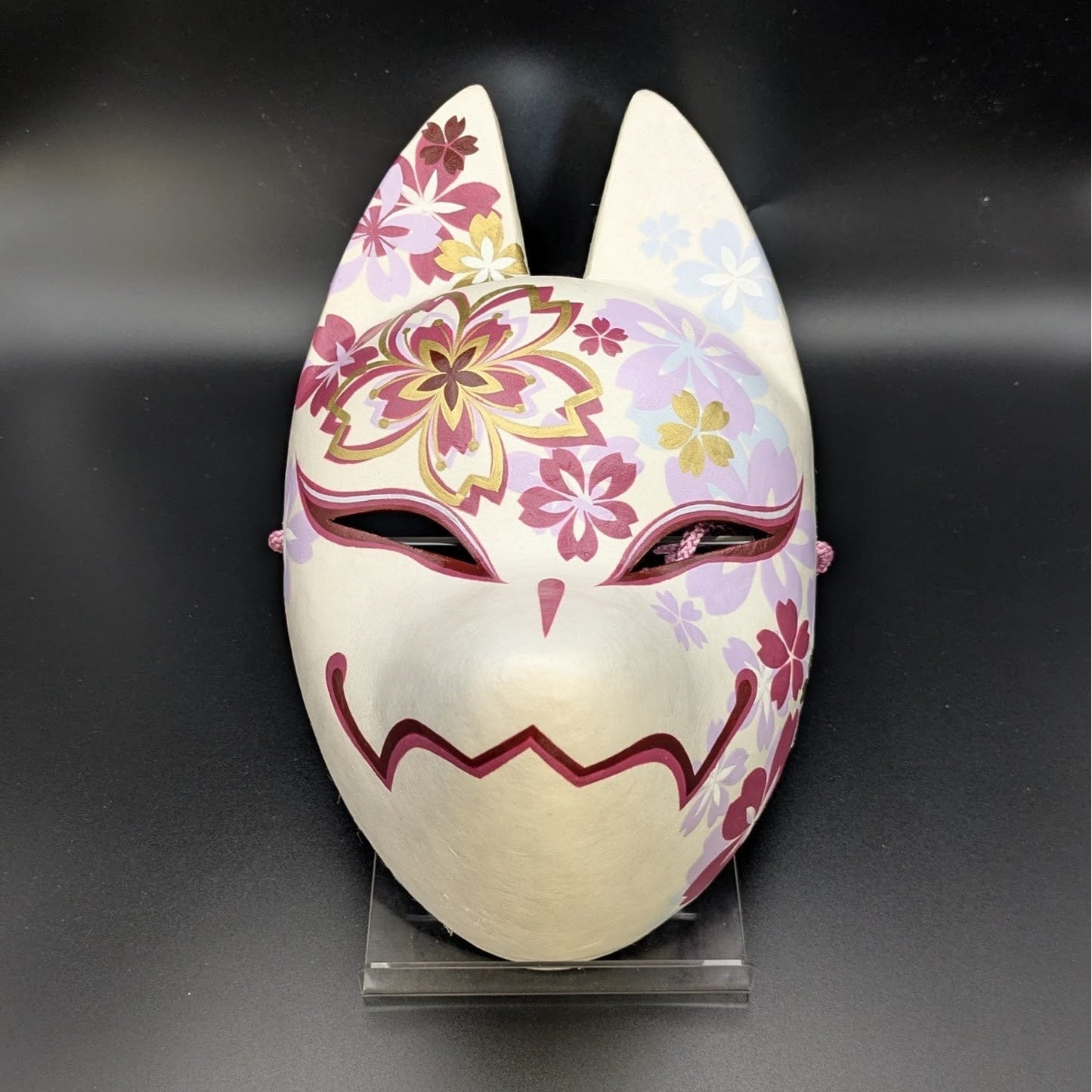 Chiyozakura Cherry Blossom Fox Mask - Premium Habutae-bari Kitsune Mask by Komendo — handmade habutae-bari kitsune (fox) mask by Komendo | KAMENYA OMOTE
