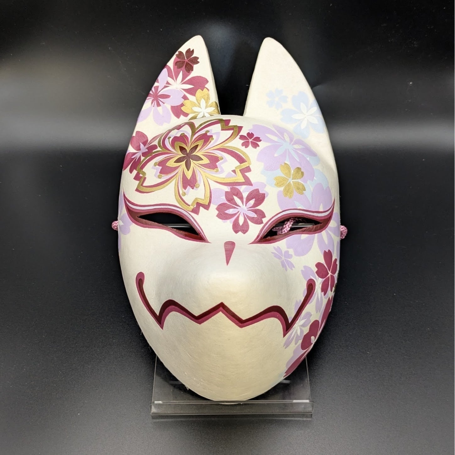 Chiyozakura Cherry Blossom Fox Mask - Premium Habutae-bari Kitsune Mask by Komendo — handmade habutae-bari kitsune (fox) mask by Komendo | KAMENYA OMOTE