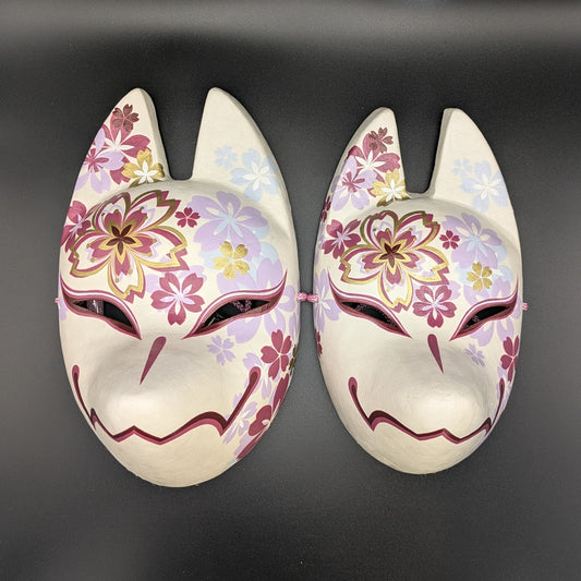 Chiyozakura Cherry Blossom Fox Mask - Premium Habutae-bari Kitsune Mask by Komendo — handmade habutae-bari kitsune (fox) mask by Komendo | KAMENYA OMOTE