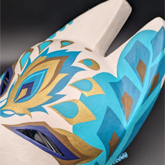 Ao Kujaku Peacock Fox Mask - Premium Habutae-bari Kitsune Mask by Komendo — handmade habutae-bari kitsune (fox) mask by Komendo | KAMENYA OMOTE