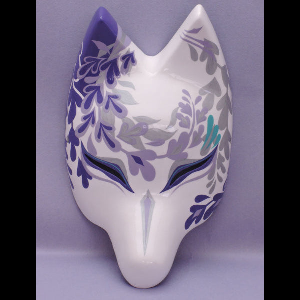 Fujishigure Half-Fox Mask - Habutae-bari Wisteria Kitsune Mask by Komendo — handmade habutae-bari kitsune (fox) mask by Komendo | KAMENYA OMOTE