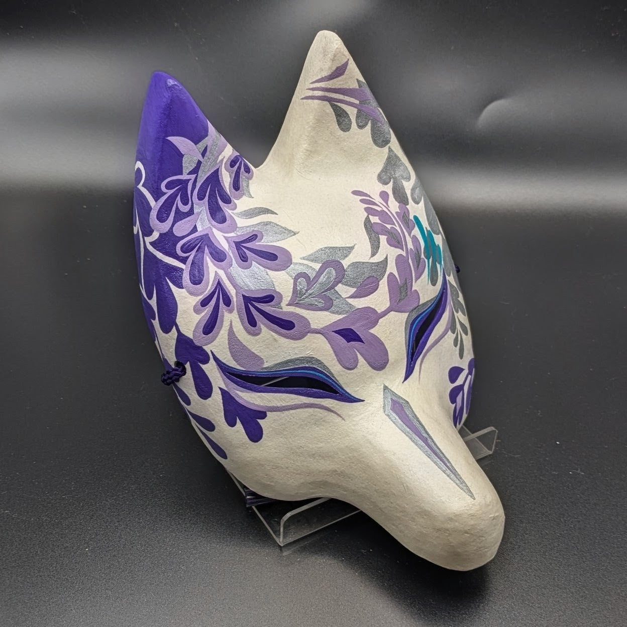 Fujishigure Half-Fox Mask - Habutae-bari Wisteria Kitsune Mask by Komendo — handmade habutae-bari kitsune (fox) mask by Komendo | KAMENYA OMOTE