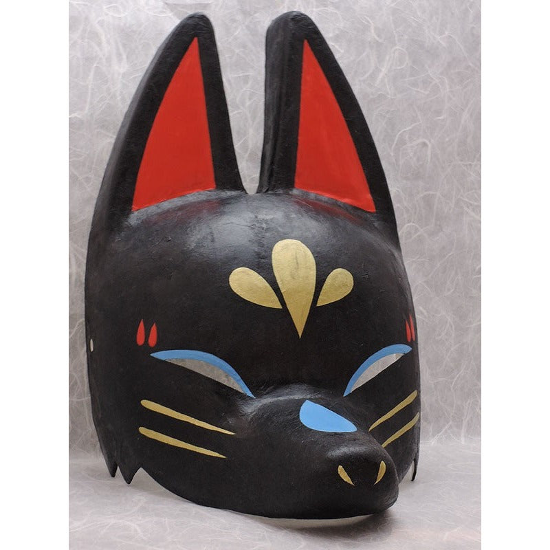 Kuro Black Half-Fox Mask - Habutae-bari Kitsune Mask by Komendo — handmade habutae-bari kitsune (fox) mask by Komendo | KAMENYA OMOTE