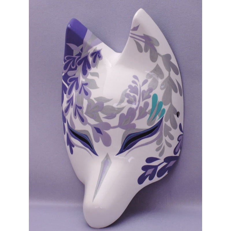 Fujishigure Half-Fox Mask - Habutae-bari Wisteria Kitsune Mask by Komendo — handmade habutae-bari kitsune (fox) mask by Komendo | KAMENYA OMOTE