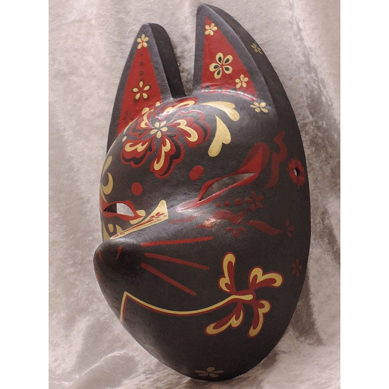 Shuka Kuro Black Flower Fox Mask - Habutae-bari Kitsune Mask by Komendo — handmade habutae-bari kitsune (fox) mask by Komendo | KAMENYA OMOTE