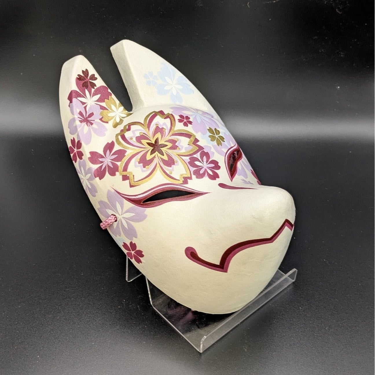 Chiyozakura Cherry Blossom Fox Mask - Premium Habutae-bari Kitsune Mask by Komendo — handmade habutae-bari kitsune (fox) mask by Komendo | KAMENYA OMOTE
