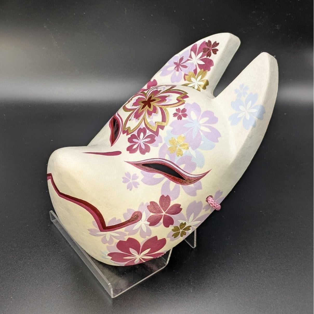 Chiyozakura Cherry Blossom Fox Mask - Premium Habutae-bari Kitsune Mask by Komendo — handmade habutae-bari kitsune (fox) mask by Komendo | KAMENYA OMOTE