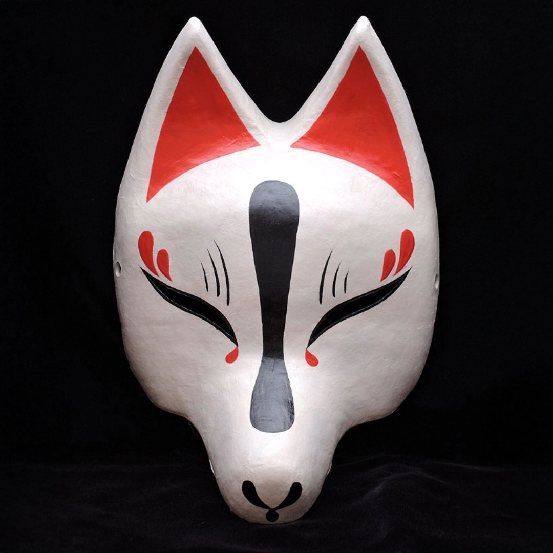 Shirayoi Half-Fox Mask — handmade habutae-bari kitsune (fox) mask by Komendo | KAMENYA OMOTE