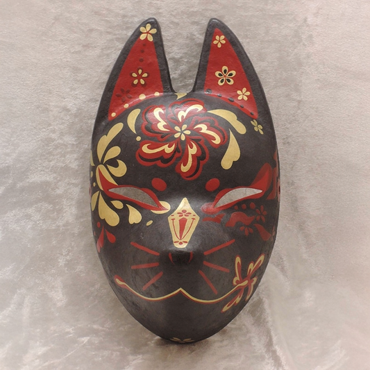 Shuka Kuro Black Flower Fox Mask — handmade habutae-bari kitsune (fox) mask by Komendo | KAMENYA OMOTE