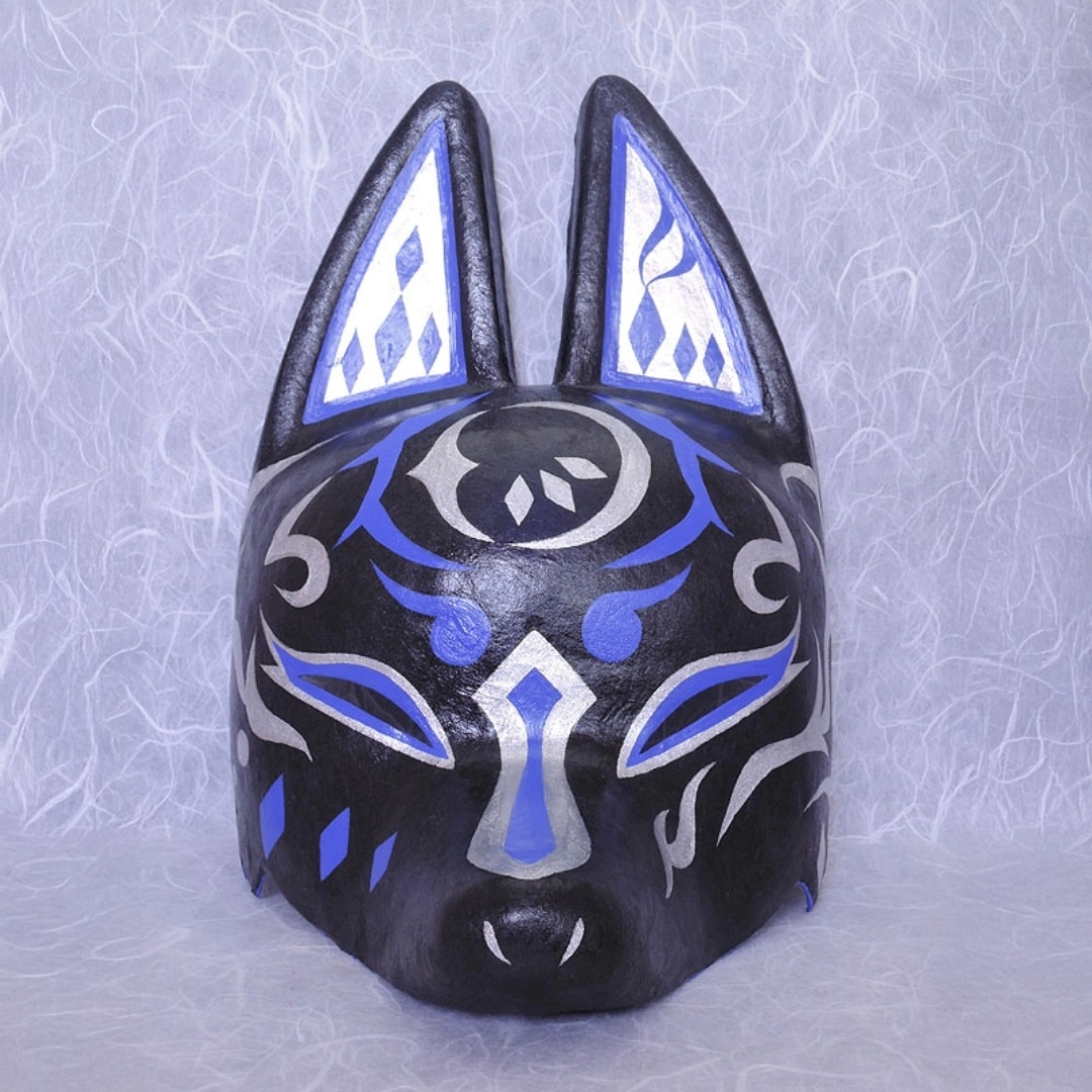 Tsuki Moon Half-Fox Mask — handmade habutae-bari kitsune (fox) mask by Komendo | KAMENYA OMOTE