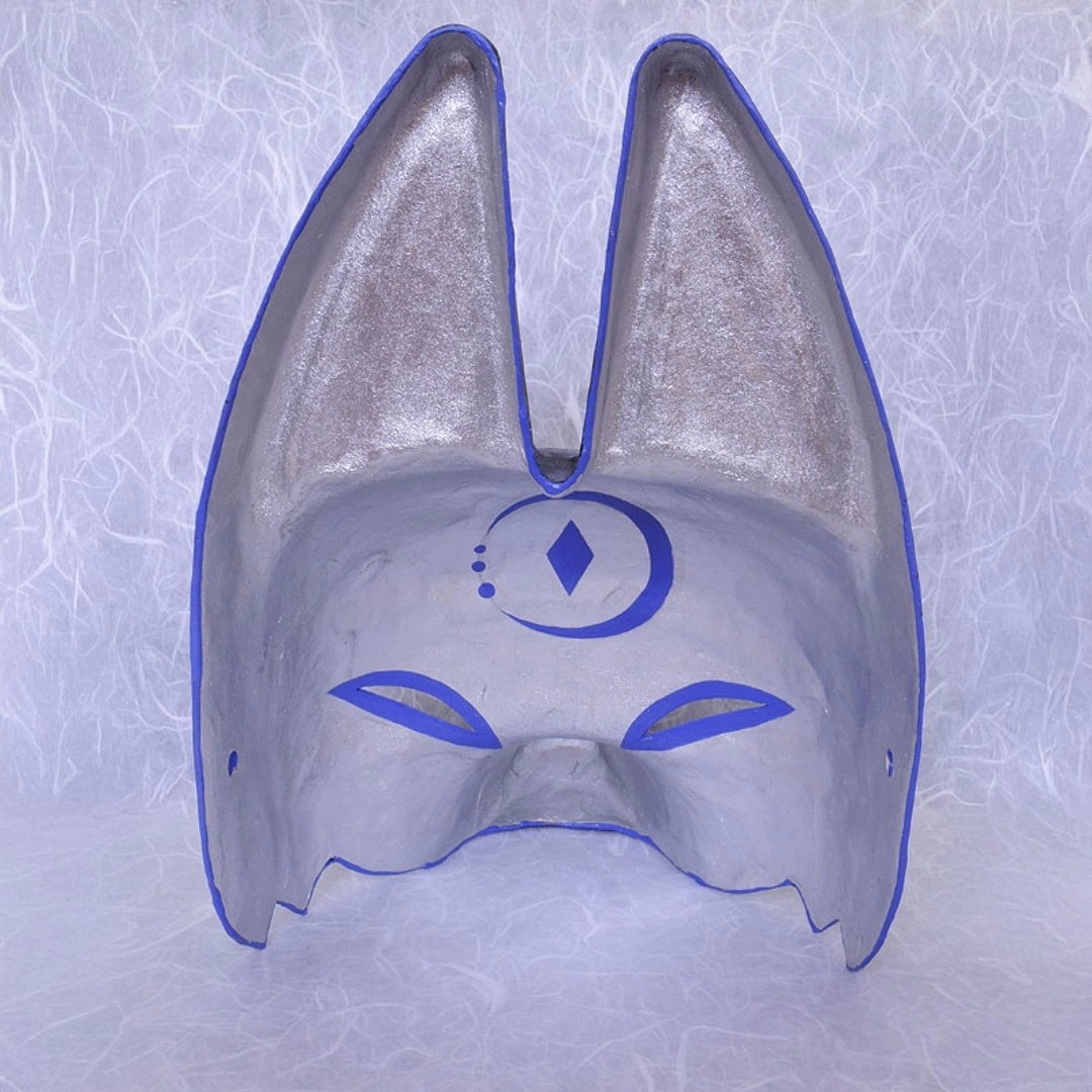 Tsuki Moon Half-Fox Mask — handmade habutae-bari kitsune (fox) mask by Komendo | KAMENYA OMOTE